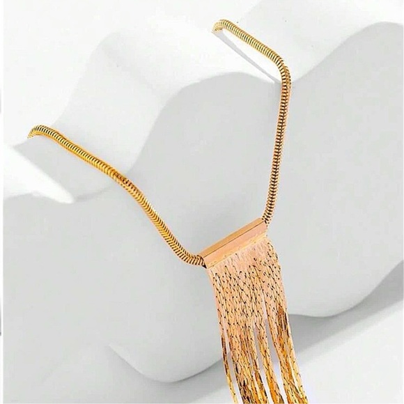 Gold Plated Tassel Fringe Long Statement Necklace - Picture 7 of 9